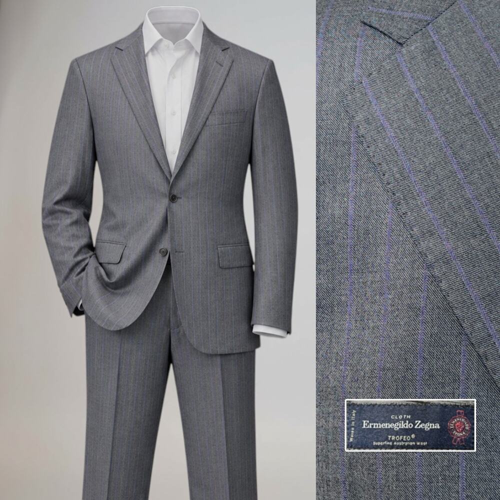 Zegna Trofeo Superfine Australian Wool Suit 46Rv 39x30 Gray Lavender Italy